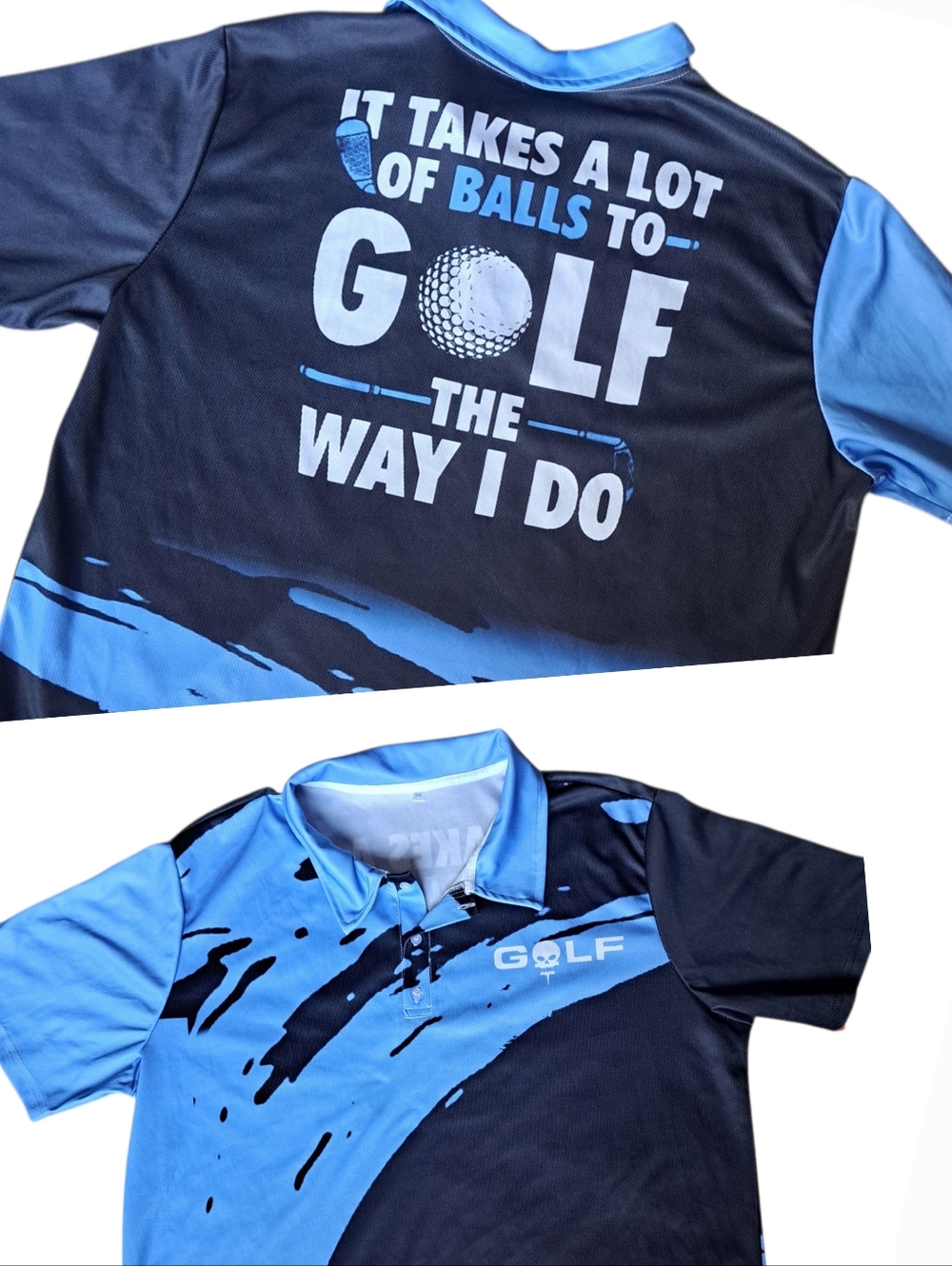 Funny Golf Polo Shirt Men XXL Blue Graphic “It Takes A Lot Of Balls To Golf”